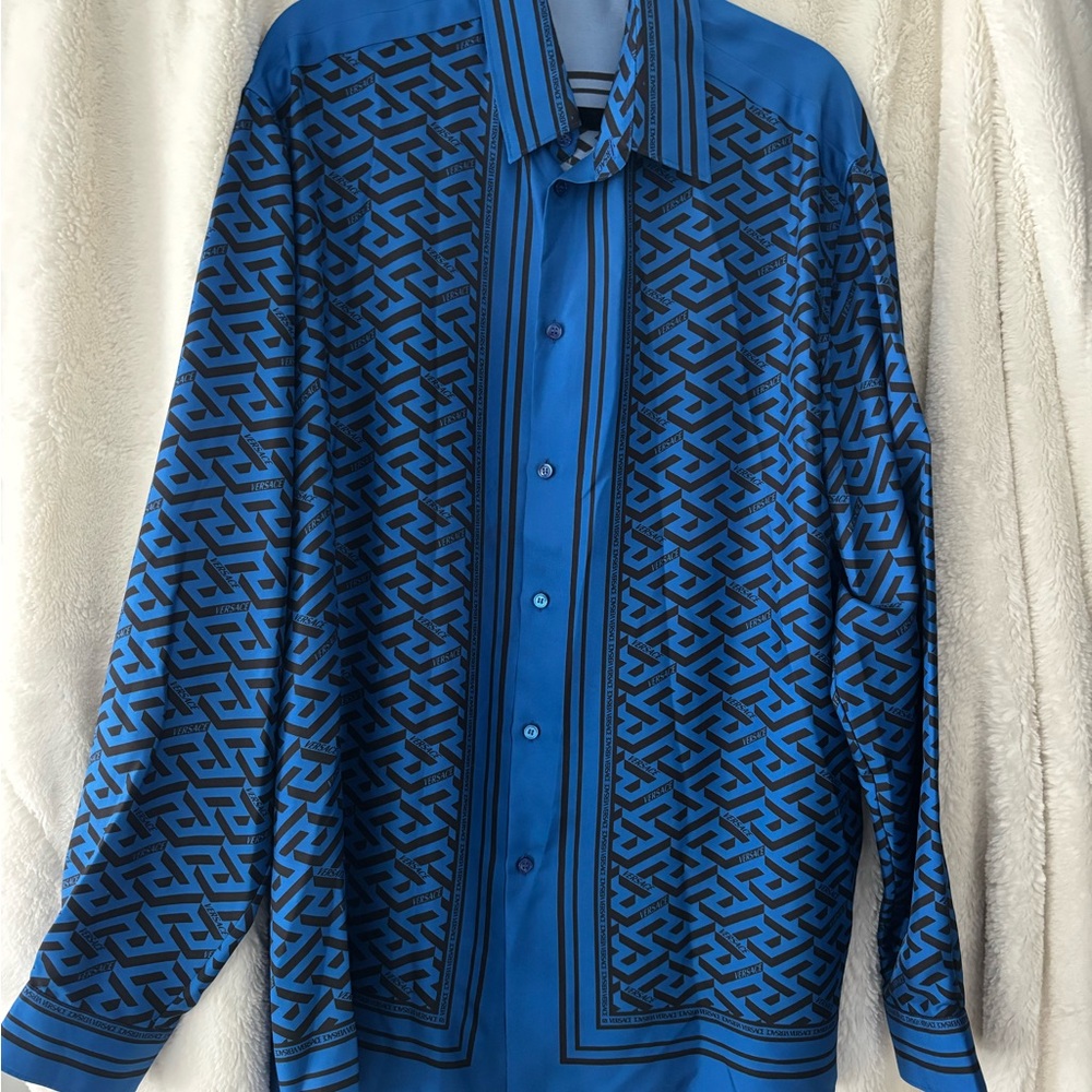 Versace Blue and Black Geometric Silk Dress Shirt